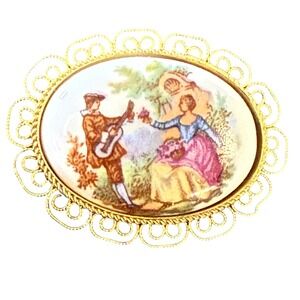 Vintage Porcelain‎ Brooch Courting Scene Gold Tone Filigree Oval Pin